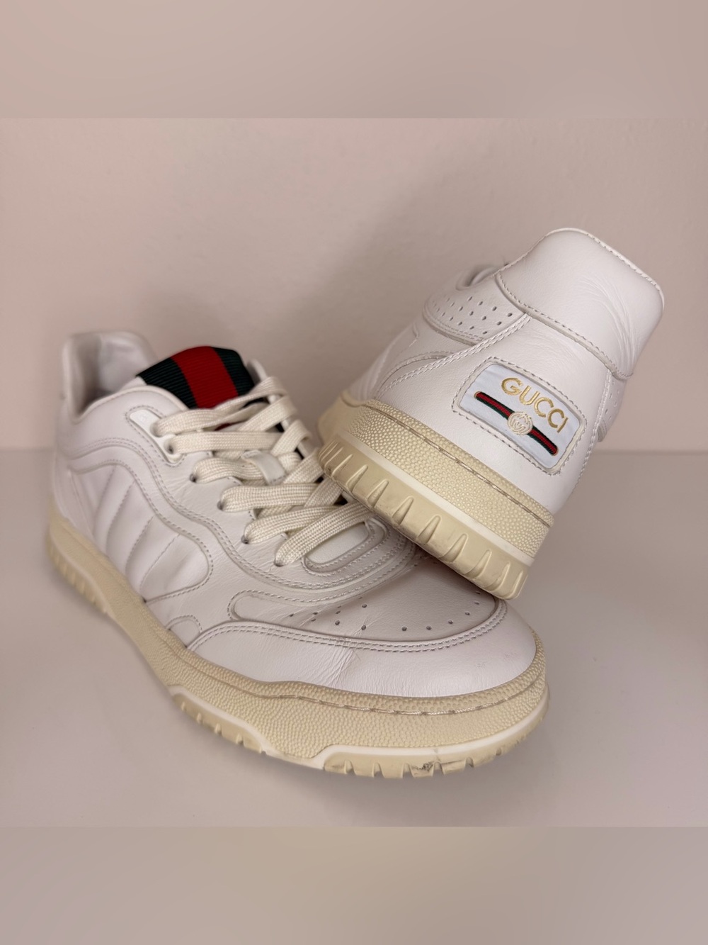 Authentic Gucci White Leather Sneakers with Green-Red Web and Gold Logo